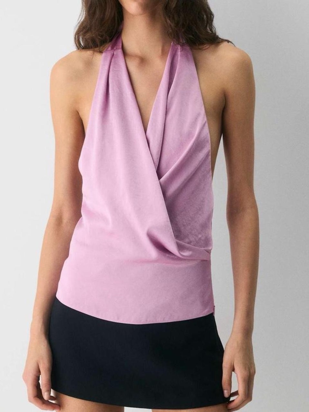 Wilfred Martini Drapery Japanese Satin Halter Top in Sweet Pea Purple.
